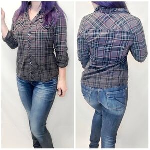 Maurices Plaid Frayed Hem Button Up Shirt w/ Stud Detail